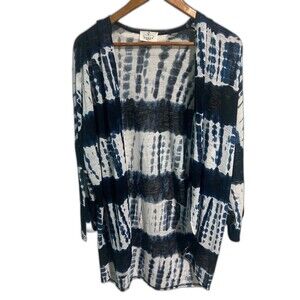 Ember Cardigan Women’s Large Long Tunic 3/4 Sleeve Blue White Tie-Dye Boho Top